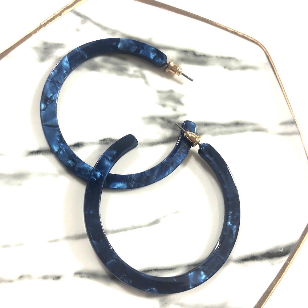 Cobalt Blue Tortoise Shell Large Circle Stud Hoop